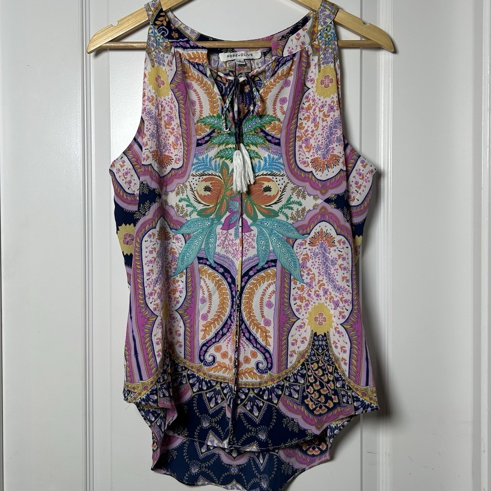 Rose + Olive Paisley Medallion Print Tomato Girl Tassel Tie Sleeveless Blouse